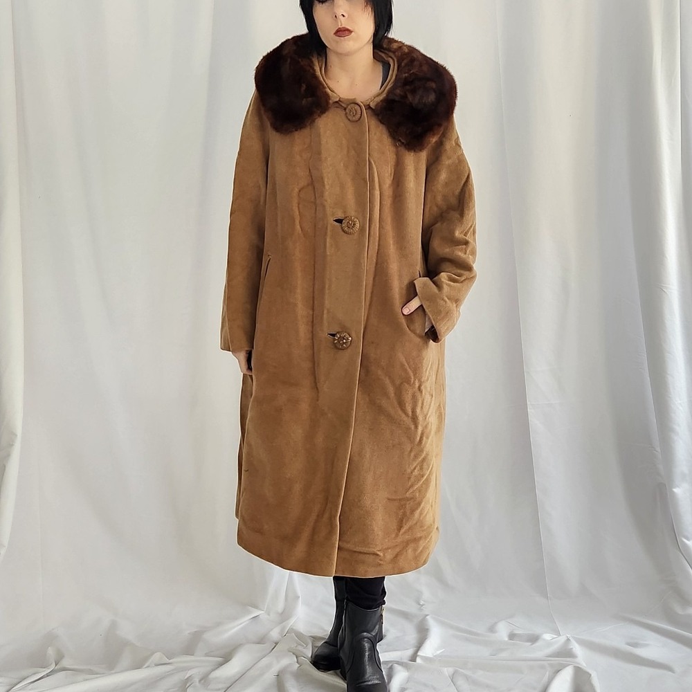 60s Tan Wool Swing Coat‎ with Mink Collar